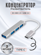 Type-C - концентратор, разветвитель, хаб GSMIN B15 3x USB 2.0 + USB 3.0 переходник, адаптер (23 см), 2 штуки (Серебристый)